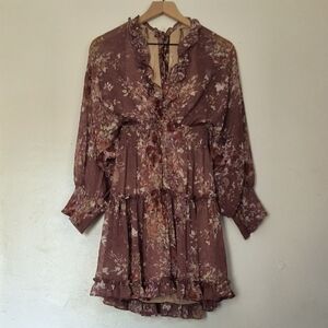 Lovestitch Brown Cream Floral Ruffled Chiffon Tiered Mini Dress Sz Small Women